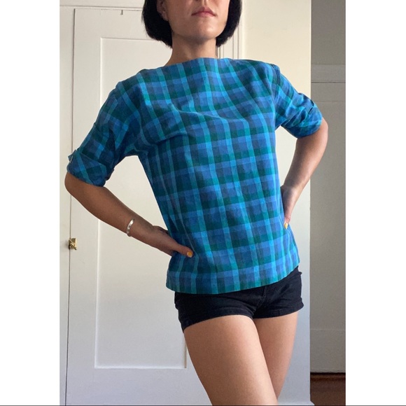 SOLD Vintage Handmade Turquoise Plaid Gingham Boatneck Top - Picture 3 of 9